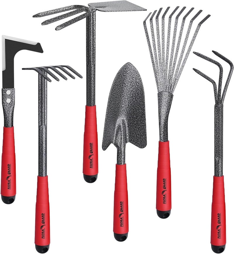 FLORA GUARD Garden Tools Set, 6-Piece Heavy Duty Gardening Hand Tools with Soft Rubber Handle, Includes Trowel, Rake, 2-in-1 Hoe & Crack Weeder, Durable Yard Tools, Essentials Garden Gift Men Women - Image 1